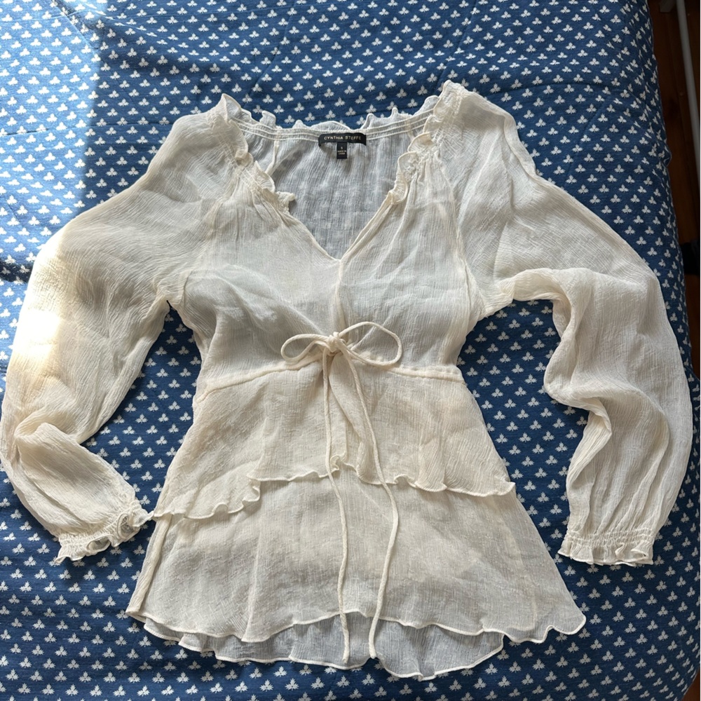 Cream Sheer Blouse with Tie Front